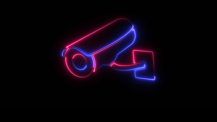 Neon CCTV - Security camera icon on black background. Glowing neon icon camera icon.