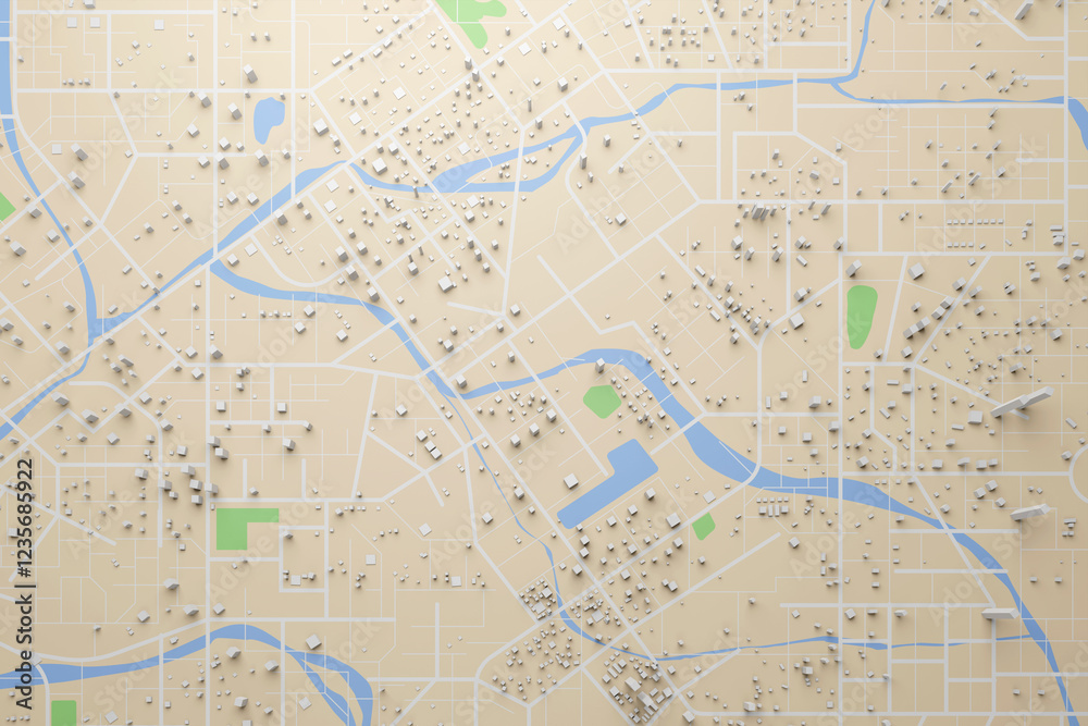Poster 3d rendering city map illustration of a city map created using 3d modeling. top view of urban map wi