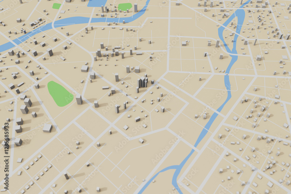 Poster 3d rendering city map illustration of a city map created using 3d modeling. top view of urban map wi