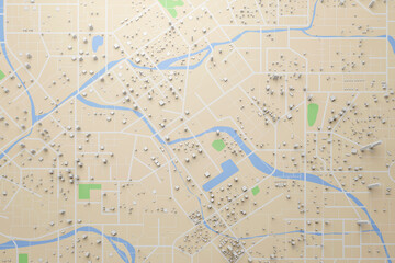 3D rendering city map illustration of a city map created using 3D modeling. Top view of Urban map with main road and sub road detailed representation of a city
