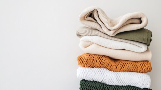 A neat stack of soft, assorted textiles in neutral and earthy tones, featuring cozy knits and smooth fabrics against a plain background.