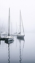 Fototapeta premium Misty Harbor Scene with Sailboats in Tranquil Water Reflection