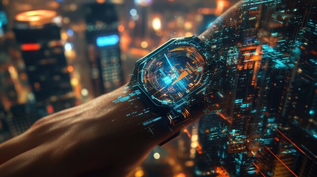 Futuristic smartwatch displaying digital data overlay against a vibrant city skyline at night