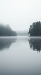 Fototapeta premium Tranquil Misty Lake Reflection Amidst Lush Green Trees