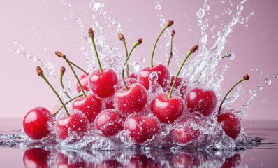 Fresh cherries splashing in water