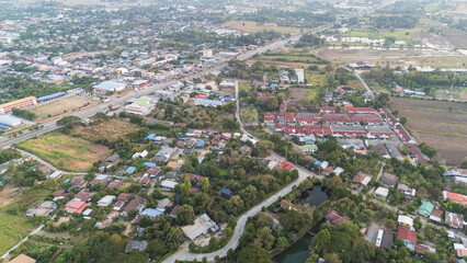 Drone shot aerial view of scenic landscape of Thailand countryside village