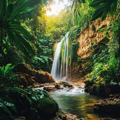 Lush jungle waterfall cascading into serene pool.