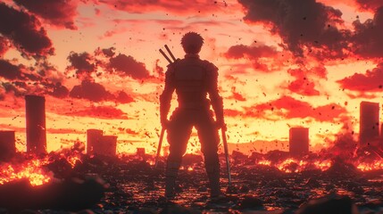 Obraz premium Warrior sunset city destruction battle scene