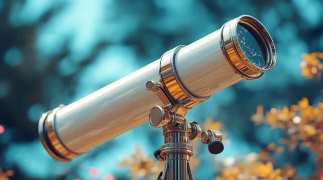 A lightweight silver telescope with adjustable knobs, soft coral background 