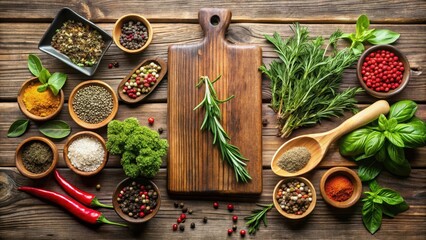 Aromatic herbs and spices on a wooden cutting board, herbs, wood