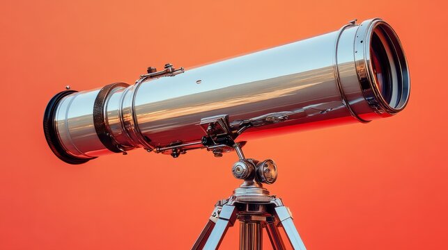 A lightweight silver telescope with adjustable knobs, soft coral background 