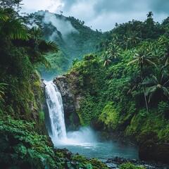 Lush rainforest waterfall cascading into a pool.
