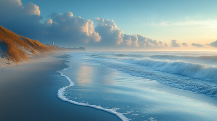 Tranquil Dutch Coastal Scene with Sandy Beach and Lighthouse