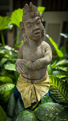 Obraz premium Garden Gnome traditional stone statue situated in a tranquil tropical garden, surrounded by vibrant foliage and artistic decor, harmonizing with the natural beauty of its environment