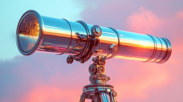 A lightweight silver telescope with adjustable knobs, soft coral background 