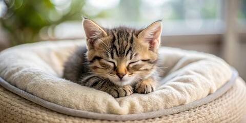 Tabby kitten curled up on soft cushion, paws tucked in, feline friend, cozy home