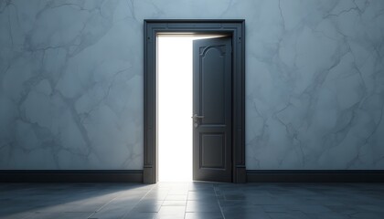 An empty door open with light shining through, depicted in a 3D realistic generative AI illustration