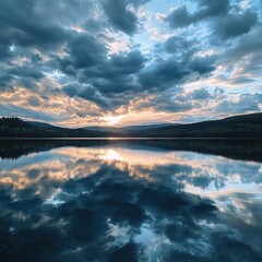 Serene lake reflecting sunset cloudscape.