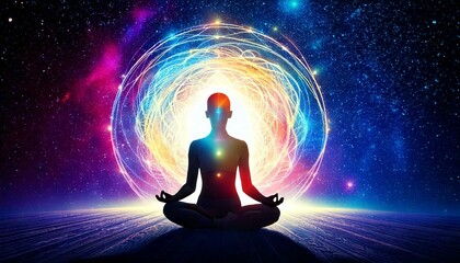 チャクラの光る虹色のオーラを纏い、座禅を組みながらヨガのポーズをとる人物が瞑想するシルエット。背景は星が輝く宇宙でスピリチュアルな世界観。AIで生成