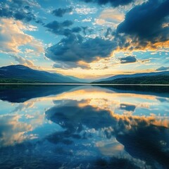 Serene sunset reflected in a calm lake, mirroring vibrant clouds and mountains.