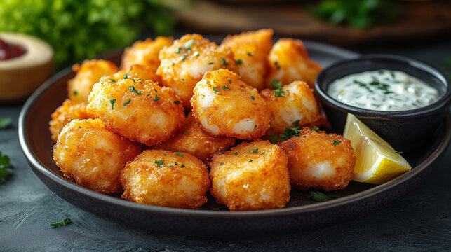 Golden and Crispy Kibbeling with Tartar Sauce and Lemon Wedges on a Rustic Plate