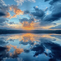 Sunset reflected in calm lake water.