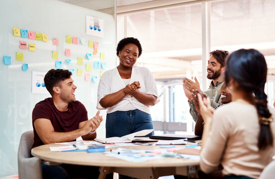 Success, group and clapping for business woman, excellence or congratulations on promotion. Happy team, support or applause in meeting for praise or celebrate good job in workshop or creative startup