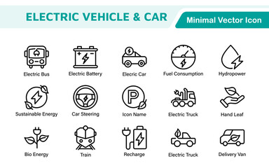 Electric Vehicle and Car Icon Set. A modern collection of icons showcasing electric transportation, perfect for enhancing automotive apps, websites, and sustainability initiatives.