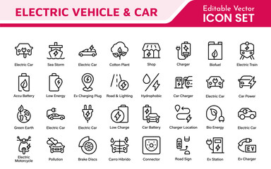 Electric Vehicle and Car Icon Set. A modern collection of icons showcasing electric transportation, perfect for enhancing automotive apps, websites, and sustainability initiatives.