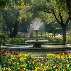 Serene garden fountain with vibrant flowers.