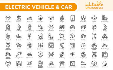 Electric Vehicle and Car Icon Set. A modern collection of icons showcasing electric transportation, perfect for enhancing automotive apps, websites, and sustainability initiatives.