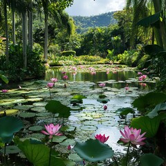 Serene pink lotus pond in lush tropical garden.