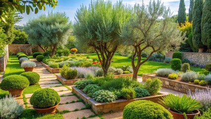 Fragrant herb garden with olive trees and herbs, garden, gardening,  garden, gardening, olive oil, herbs