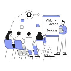 A visionary leader standing in front of a diverse team in a modern office, passionately sharing a strategic vision for the future. The team is engaged and inspired, with a large screen displaying a ro