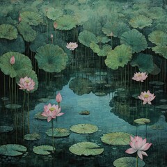 Serene lotus pond with pink flowers and green pads reflecting in calm water.