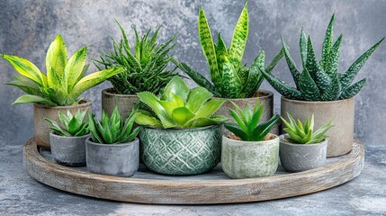 Succulents, potted plants, tray, grey background, home decor