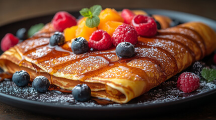 Dutch Pannenkoeken (Pancakes) Stacked with Fresh Fruit, Syrup, and Powdered Sugar