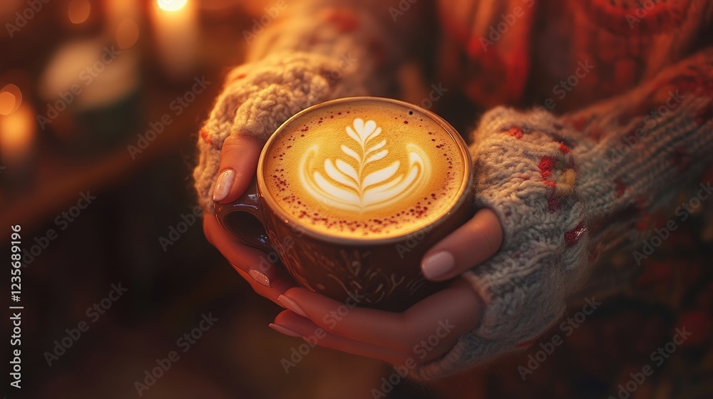 Poster A woman hands holding a cup of coffee with intricate latte art, placed in a cozy cafe setting with warm tones and inviting atmosphere