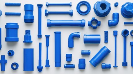 An assortment of blue PVC plumbing pipes and fittings, neatly scattered across a white surface in a balanced, symmetrical layout