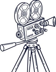 A silhouette of a vintage film camera on a tripod.