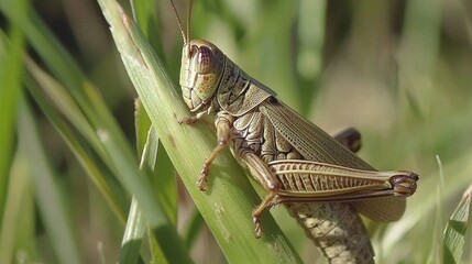 Fototapeta premium Detailed Close-Up of a Grasshopper on a Green Blade of Grass