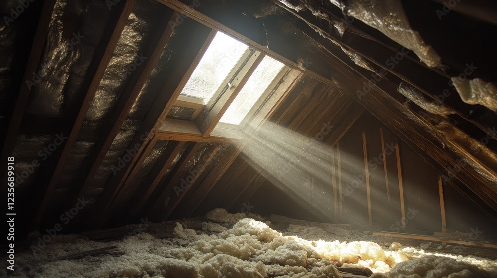 Poster an attic under construction, with insulation exposed and natural light streaming through a skylight,