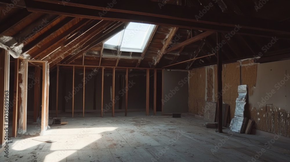 Poster An attic space in the midst of construction, with exposed insulation and a skylight letting in natural light, creating a work-in-progress atmosphere