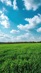 Obraz premium Lush Green Field Under Bright Blue Sky with Fluffy White Clouds