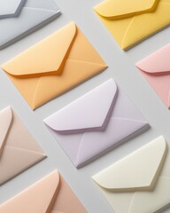 A colorful arrangement of various envelopes on a light background, showcasing different pastel shades and shapes.