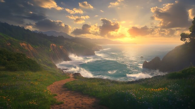 A scenic image of a coastal hiking trail set against rugged cliffs, showcasing breathtaking natural beauty.