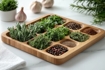 A rustic wooden tray brimming with vibrant, fresh vegetables, aromatic herbs, and assorted spices, perfect for cooking delicious and healthy meals This captivating image showcases the beauty of