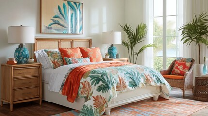 Tranquil Tropical Bedroom Interior Design with Rattan Headboard and Palm Leaf Bedding