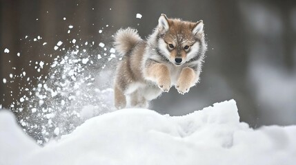 Obraz premium Energetic husky puppy playing in fresh snow 