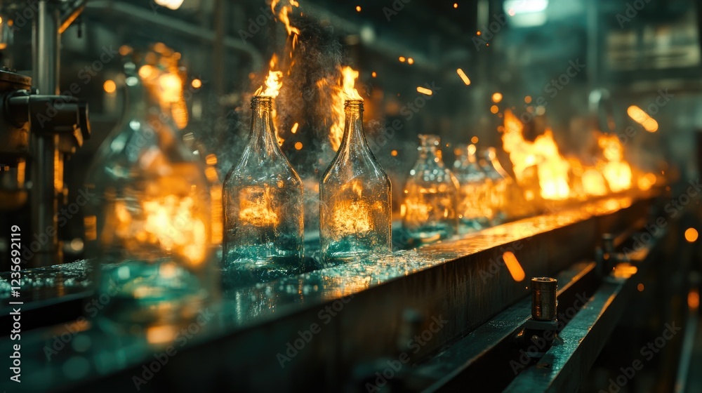 Poster glass bottles on a conveyor being pasteurized with fire in a production factory, symbolizing the hig